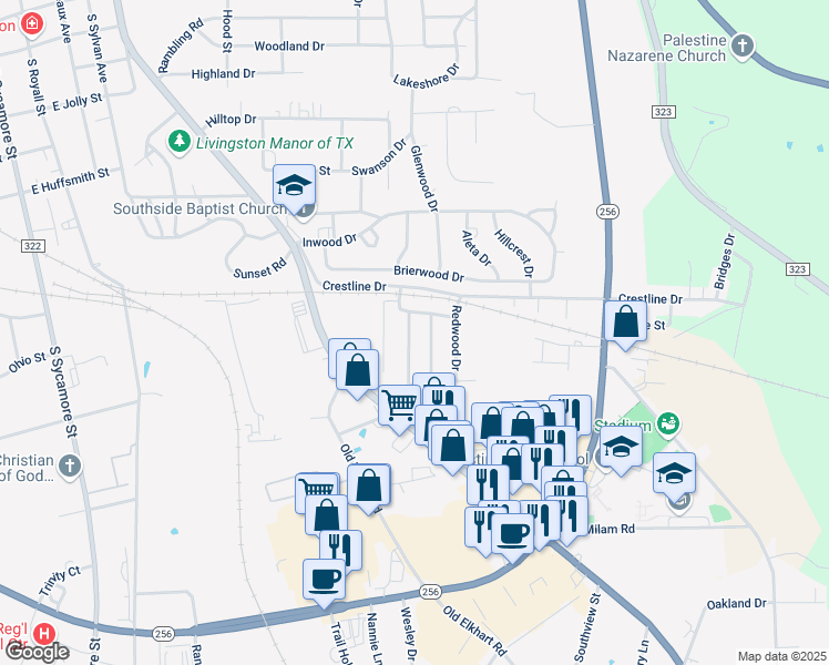 map of restaurants, bars, coffee shops, grocery stores, and more near 106 Wynnwood Drive in Palestine