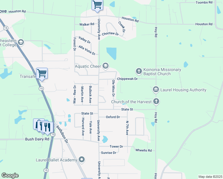 map of restaurants, bars, coffee shops, grocery stores, and more near 18 Ole Miss Drive in Laurel