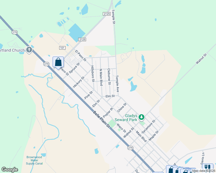 map of restaurants, bars, coffee shops, grocery stores, and more near 2607 Cleburne Street in Brownwood