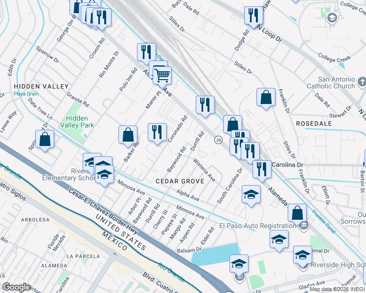 map of restaurants, bars, coffee shops, grocery stores, and more near 135 Baywood Road in El Paso
