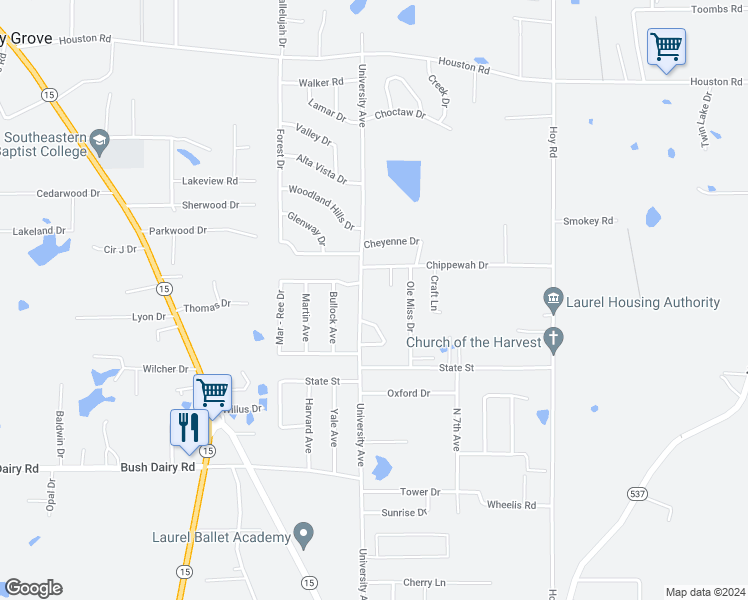 map of restaurants, bars, coffee shops, grocery stores, and more near 18 Ole Miss Drive in Laurel