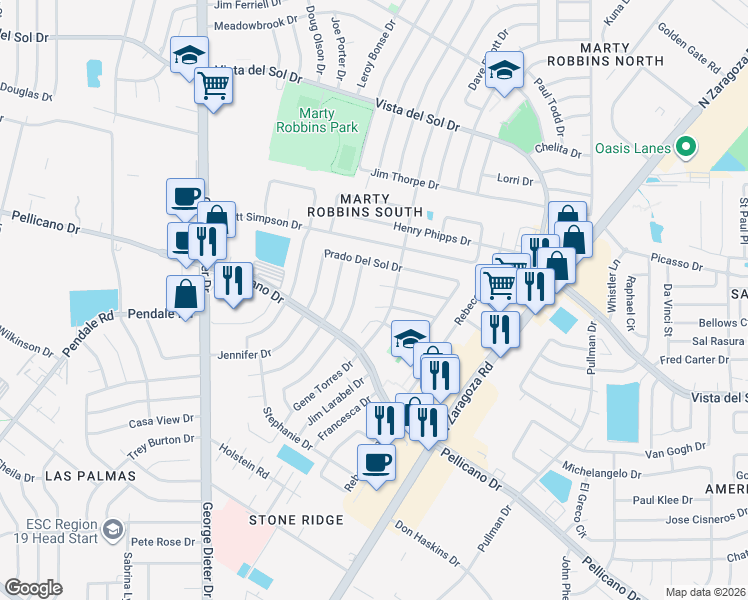 map of restaurants, bars, coffee shops, grocery stores, and more near 11709 Sierra Morena Drive in El Paso