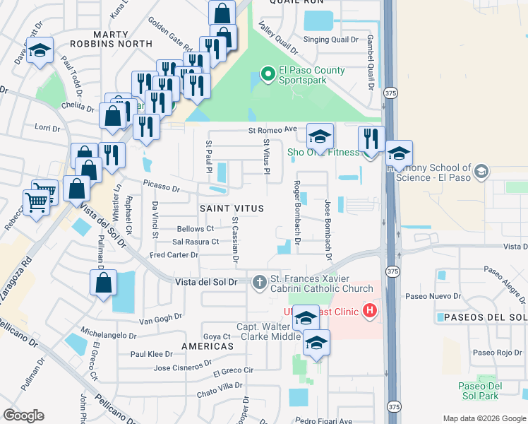 map of restaurants, bars, coffee shops, grocery stores, and more near 12147 Saint Armand Court in El Paso