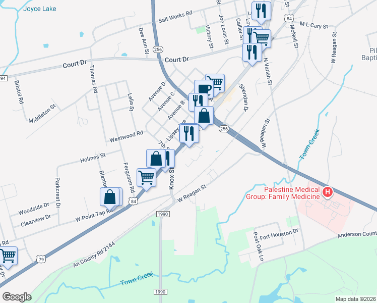map of restaurants, bars, coffee shops, grocery stores, and more near 2350 U.S. 79 in Palestine