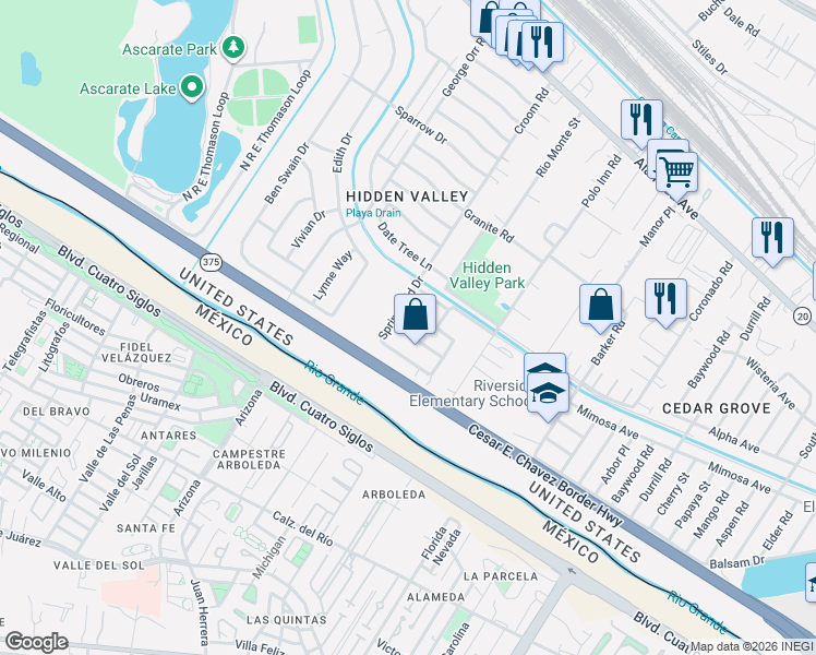 map of restaurants, bars, coffee shops, grocery stores, and more near 7167 Lavern Avenue in El Paso