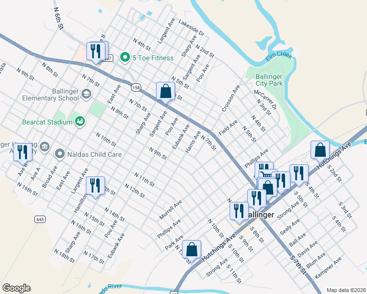 map of restaurants, bars, coffee shops, grocery stores, and more near 702 North 8th Street in Ballinger