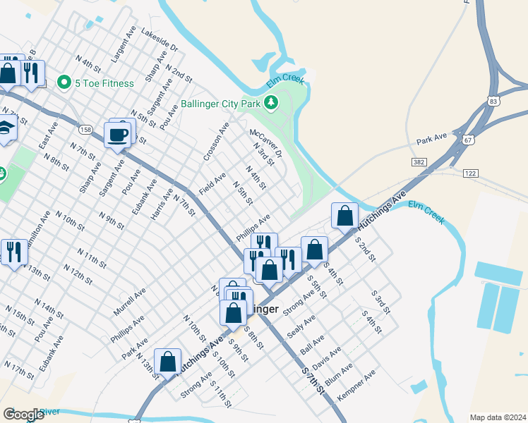 map of restaurants, bars, coffee shops, grocery stores, and more near 302 North 5th Street in Ballinger