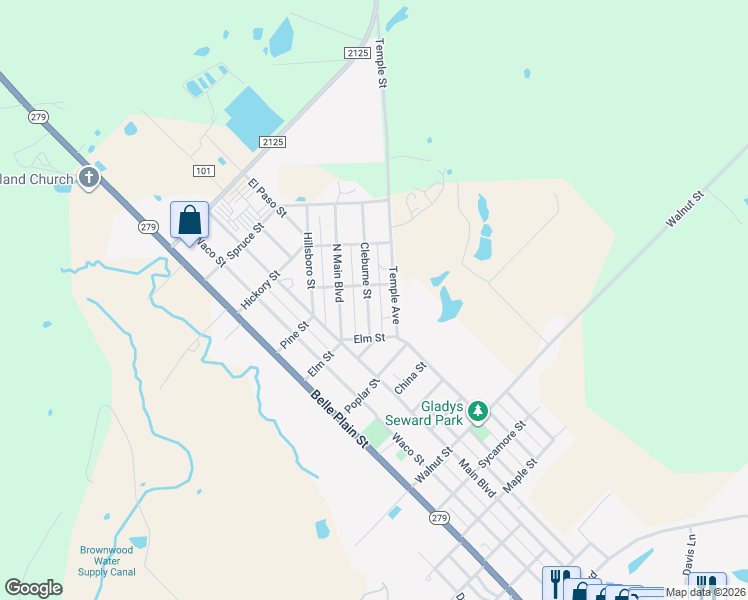 map of restaurants, bars, coffee shops, grocery stores, and more near 2607 Cleburne Street in Brownwood