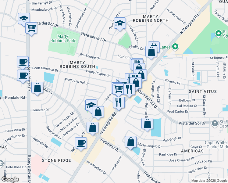 map of restaurants, bars, coffee shops, grocery stores, and more near 1568 Rebecca Ann Drive in El Paso