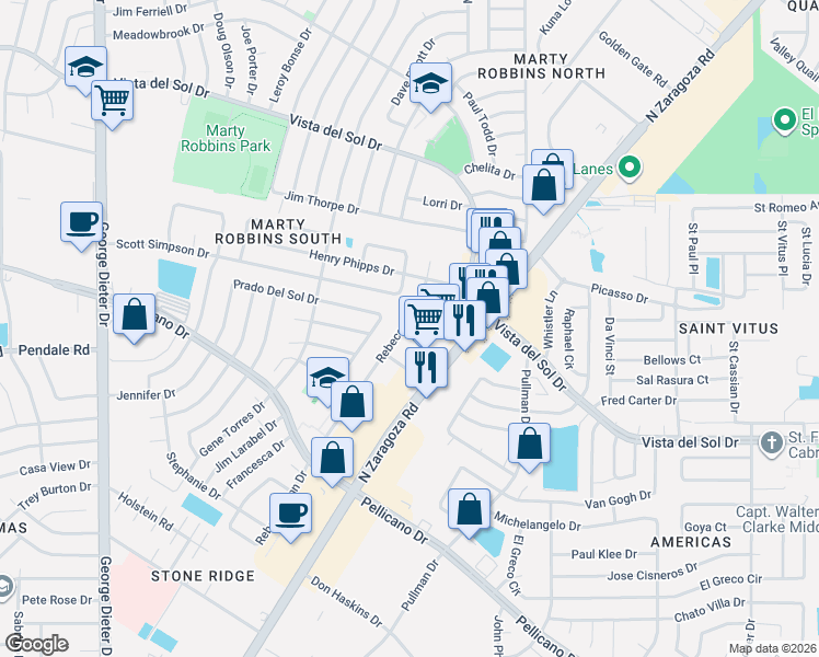 map of restaurants, bars, coffee shops, grocery stores, and more near 1568 Rebecca Ann Drive in El Paso