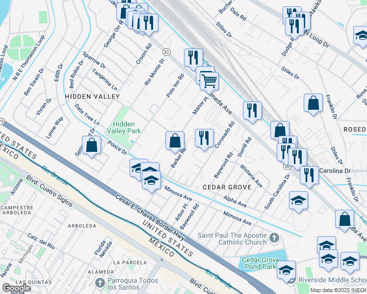 map of restaurants, bars, coffee shops, grocery stores, and more near 175 Barker Road in El Paso