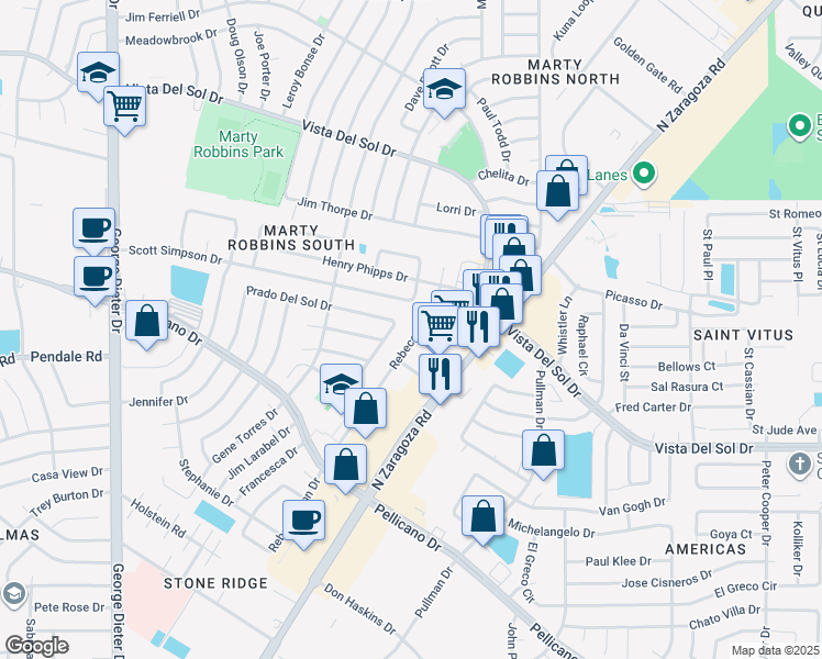 map of restaurants, bars, coffee shops, grocery stores, and more near 1568 Rebecca Ann Drive in El Paso
