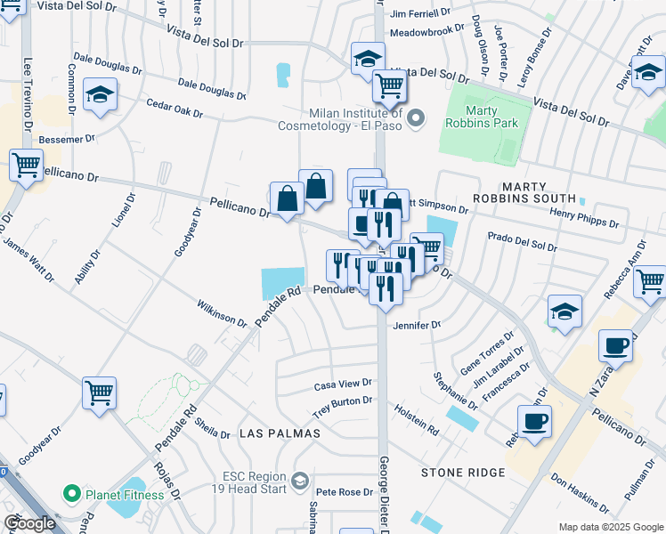 map of restaurants, bars, coffee shops, grocery stores, and more near 464 Pendale Road in El Paso