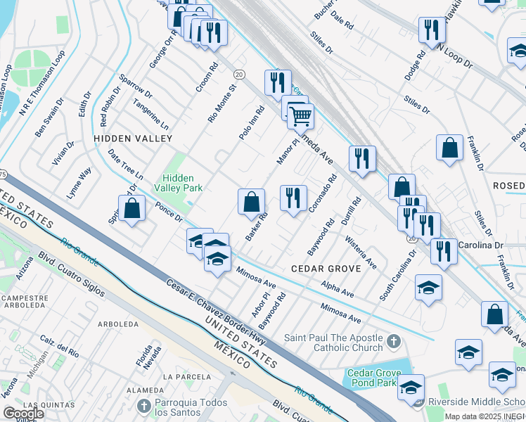 map of restaurants, bars, coffee shops, grocery stores, and more near 175 Barker Road in El Paso