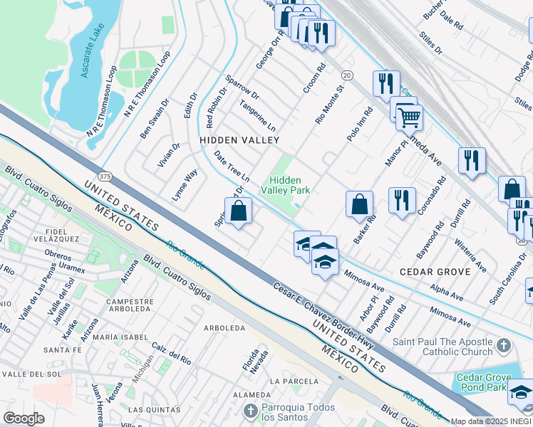 map of restaurants, bars, coffee shops, grocery stores, and more near 7195 Fatima Avenue in El Paso