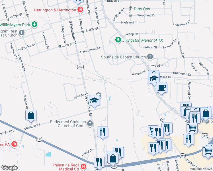 map of restaurants, bars, coffee shops, grocery stores, and more near 1312 South Royall Street in Palestine