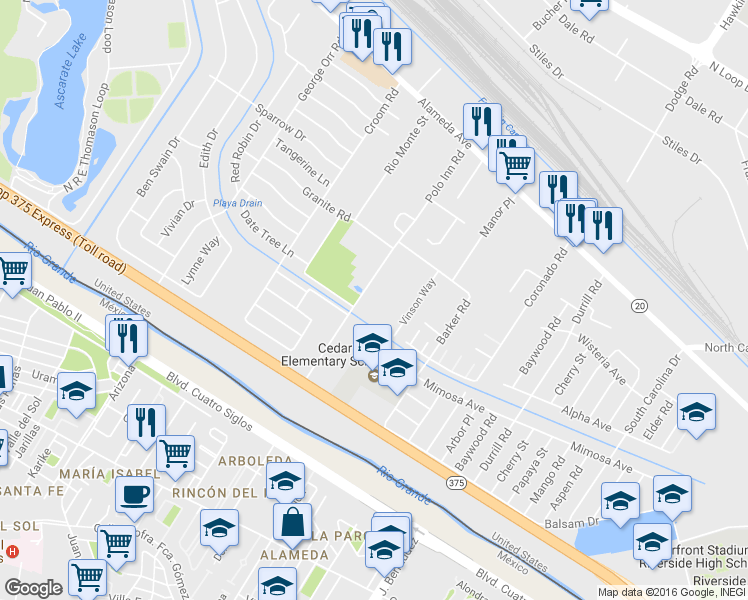 map of restaurants, bars, coffee shops, grocery stores, and more near 190 Polo Inn Road in El Paso
