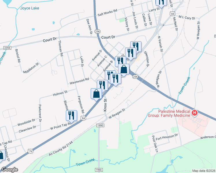 map of restaurants, bars, coffee shops, grocery stores, and more near 2350 U.S. 79 in Palestine