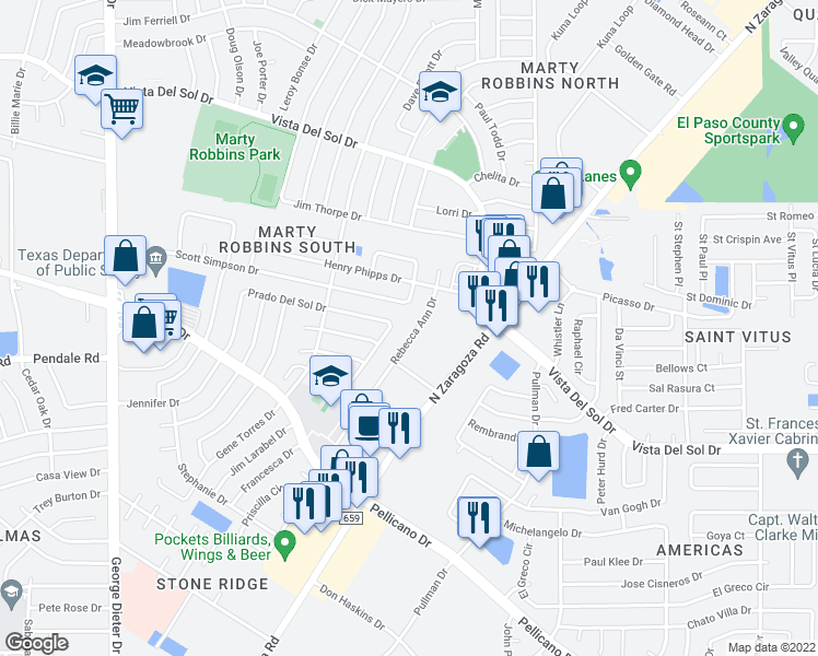 map of restaurants, bars, coffee shops, grocery stores, and more near 1568 Rebecca Ann Drive in El Paso