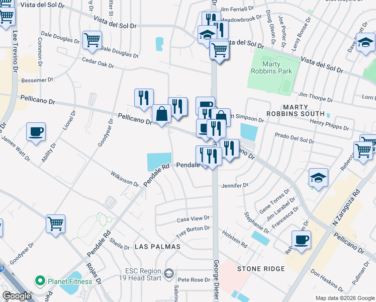 map of restaurants, bars, coffee shops, grocery stores, and more near 1480 Cedar Oak Drive in El Paso