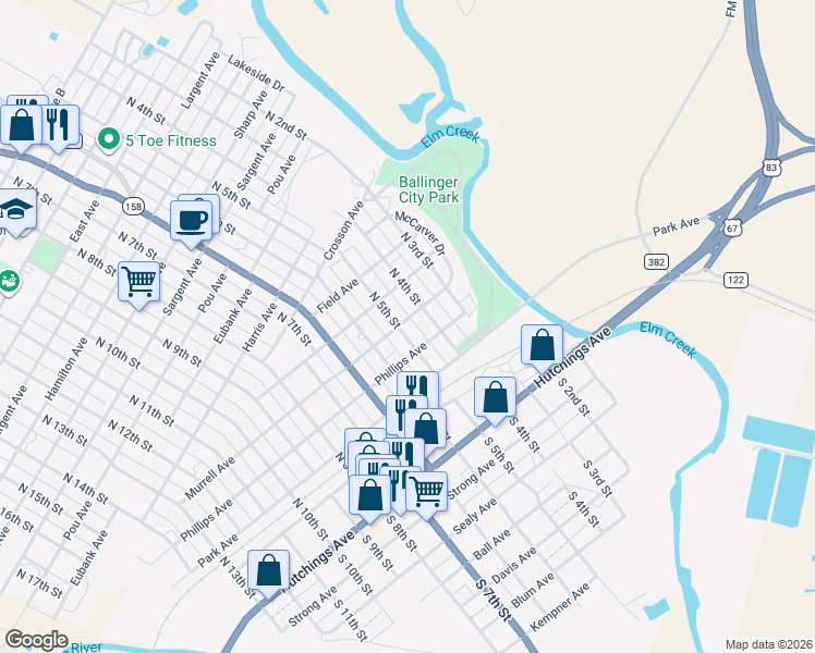 map of restaurants, bars, coffee shops, grocery stores, and more near 302 North 5th Street in Ballinger