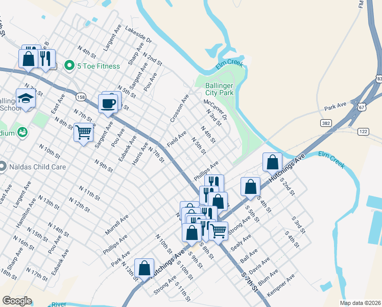 map of restaurants, bars, coffee shops, grocery stores, and more near 404 North Broadway Street in Ballinger