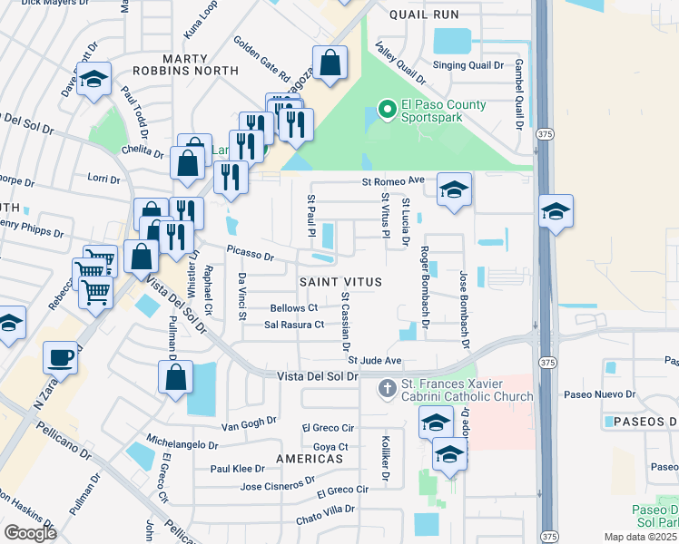 map of restaurants, bars, coffee shops, grocery stores, and more near 1651 Saint Jerome Place in El Paso