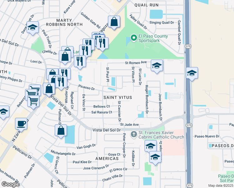 map of restaurants, bars, coffee shops, grocery stores, and more near 1651 Saint Jerome Place in El Paso