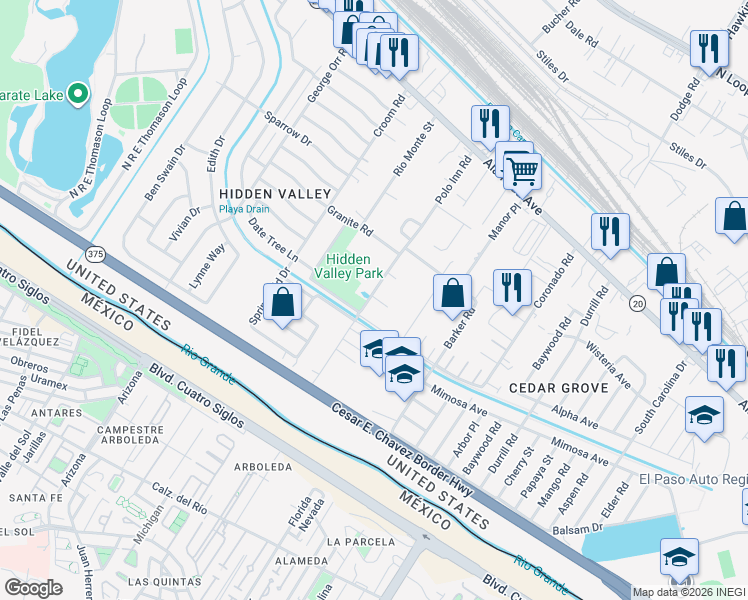 map of restaurants, bars, coffee shops, grocery stores, and more near 190 Polo Inn Road in El Paso