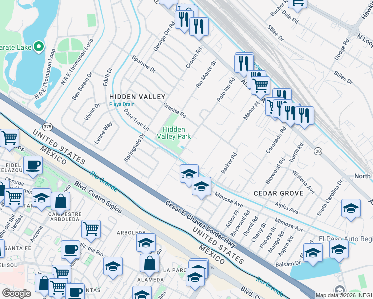 map of restaurants, bars, coffee shops, grocery stores, and more near 190 Polo Inn Road in El Paso