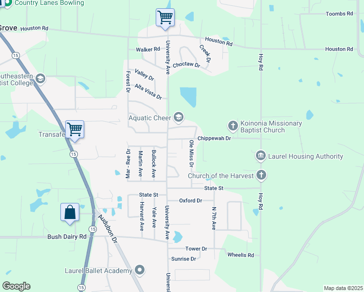 map of restaurants, bars, coffee shops, grocery stores, and more near 923 Chippewah Drive in Laurel