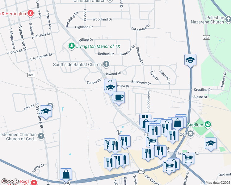 map of restaurants, bars, coffee shops, grocery stores, and more near 1700 Crockett Road in Palestine