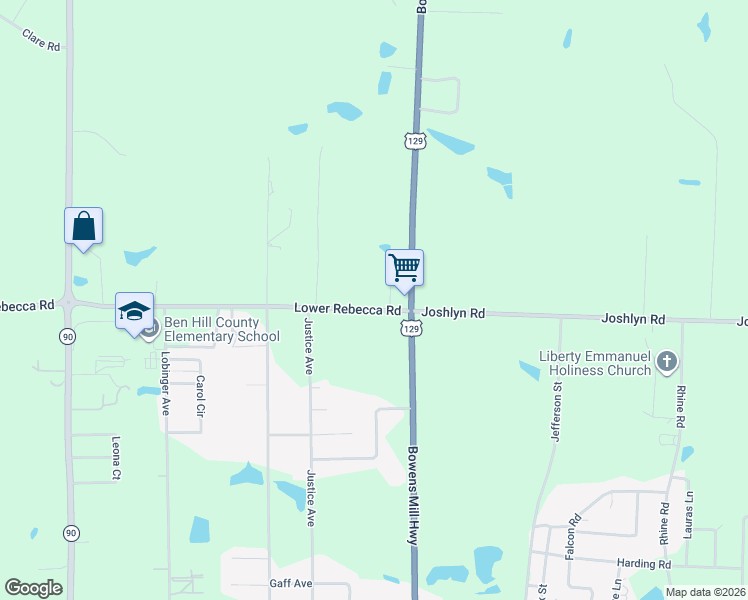 map of restaurants, bars, coffee shops, grocery stores, and more near 123 Lower Rebecca Road in Fitzgerald