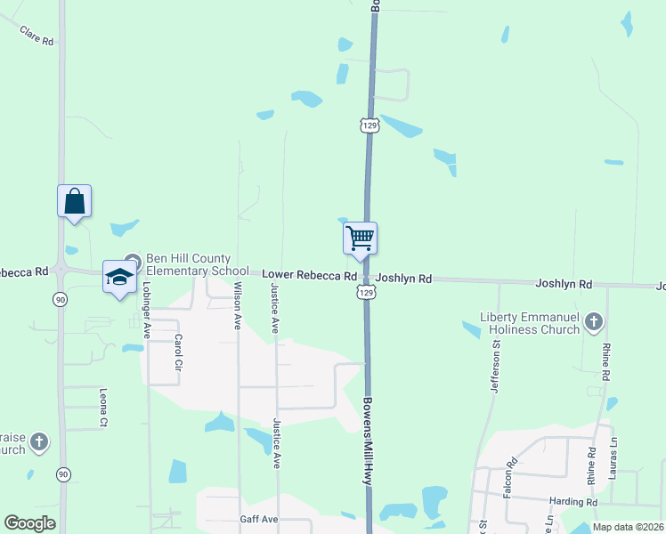 map of restaurants, bars, coffee shops, grocery stores, and more near 123 Lower Rebecca Road in Fitzgerald