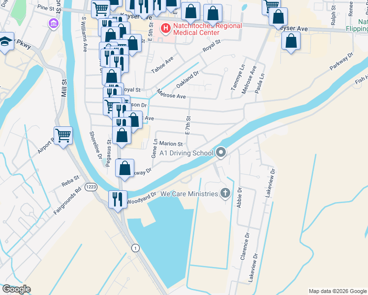 map of restaurants, bars, coffee shops, grocery stores, and more near 306 East 7th Street in Natchitoches