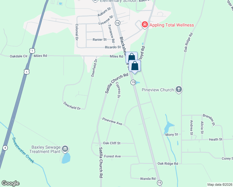 map of restaurants, bars, coffee shops, grocery stores, and more near 120 Cypress Drive in Baxley