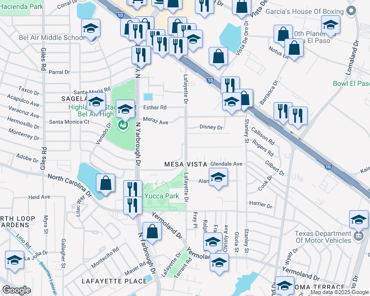 map of restaurants, bars, coffee shops, grocery stores, and more near 1059 Lafayette Drive in El Paso