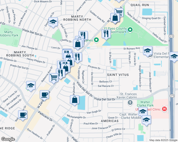 map of restaurants, bars, coffee shops, grocery stores, and more near 1582 Diego Rivera Drive in El Paso