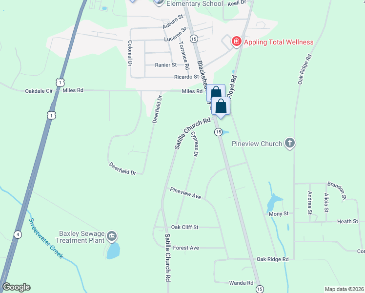 map of restaurants, bars, coffee shops, grocery stores, and more near 120 Cypress Drive in Baxley