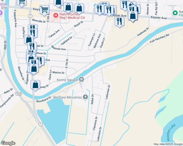 map of restaurants, bars, coffee shops, grocery stores, and more near 810 Woodyard Drive in Natchitoches