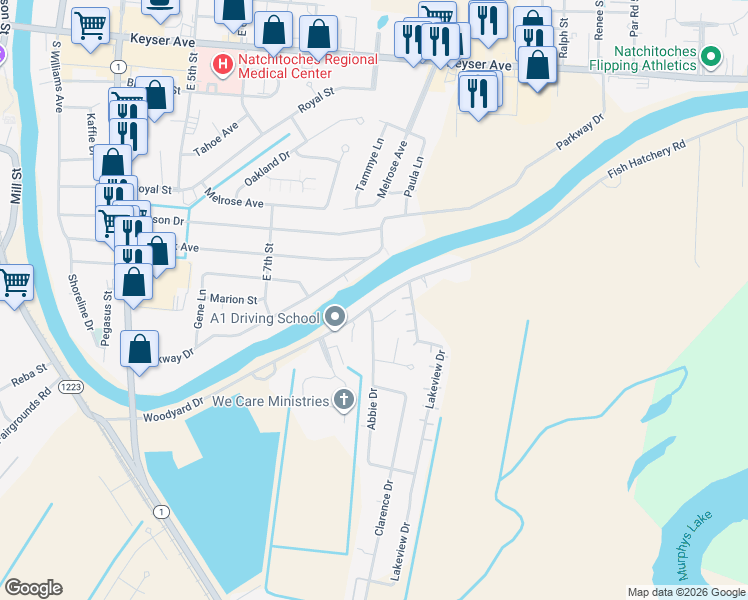 map of restaurants, bars, coffee shops, grocery stores, and more near 810 Woodyard Drive in Natchitoches
