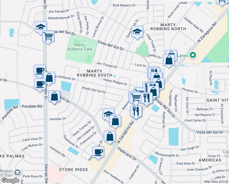 map of restaurants, bars, coffee shops, grocery stores, and more near 11818 Scott Simpson Drive in El Paso