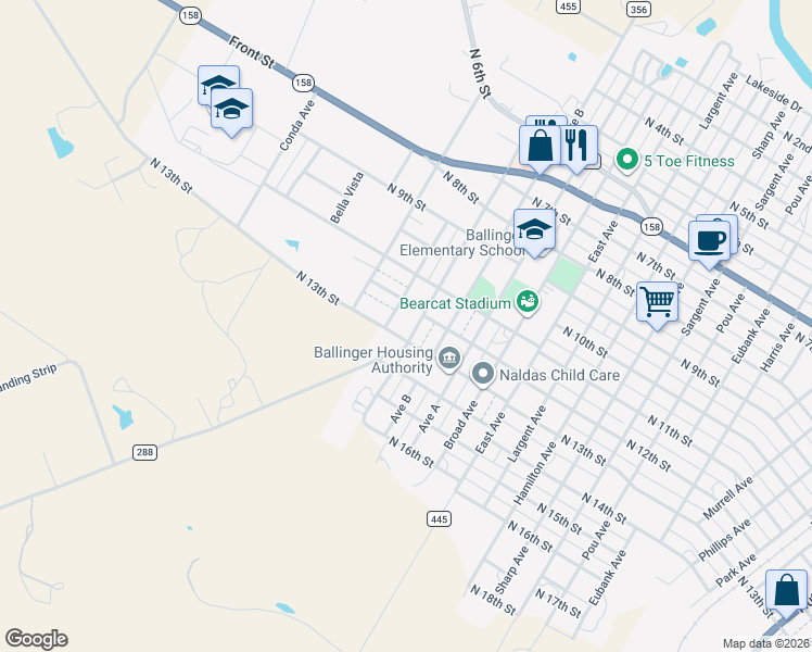 map of restaurants, bars, coffee shops, grocery stores, and more near 1206 Country Club Road in Ballinger