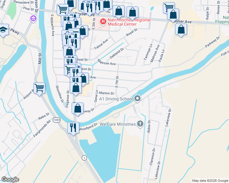 map of restaurants, bars, coffee shops, grocery stores, and more near 306 East 7th Street in Natchitoches