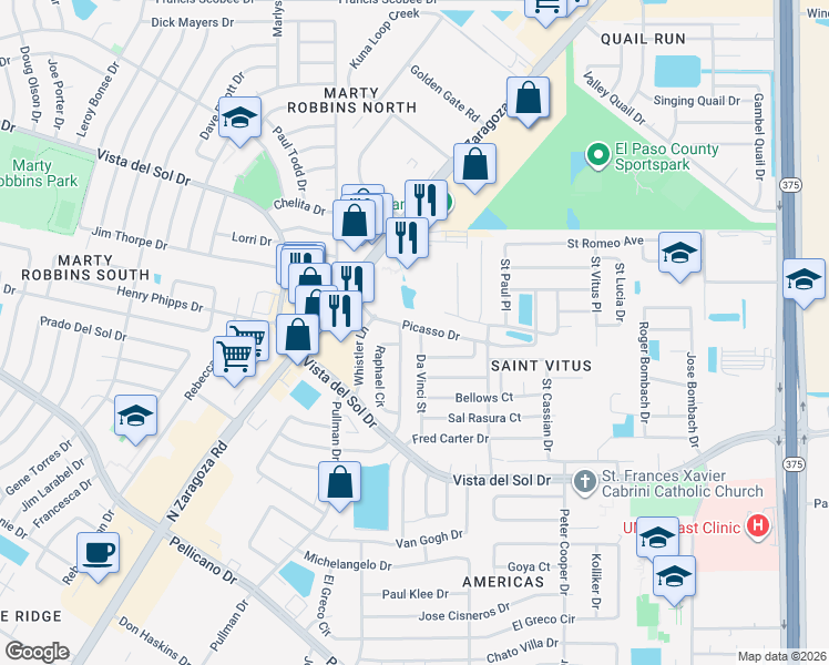 map of restaurants, bars, coffee shops, grocery stores, and more near 1590 Diego Rivera Drive in El Paso