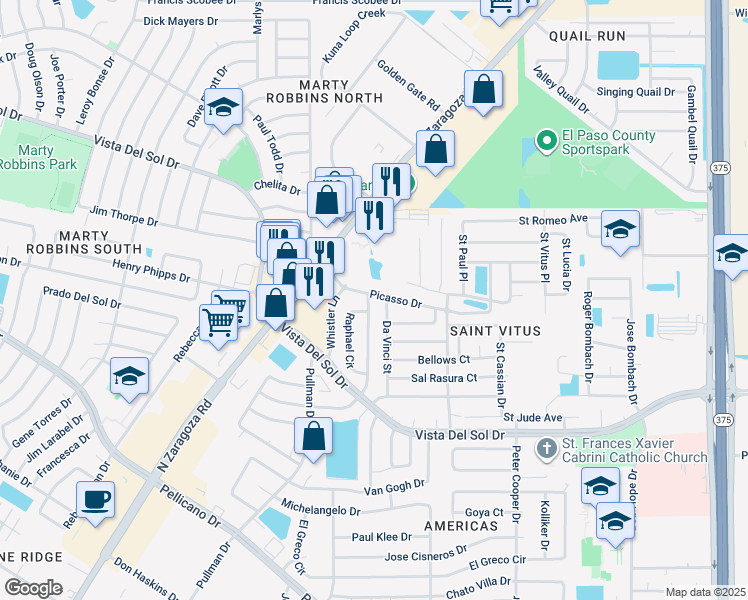 map of restaurants, bars, coffee shops, grocery stores, and more near 1590 Diego Rivera Drive in El Paso