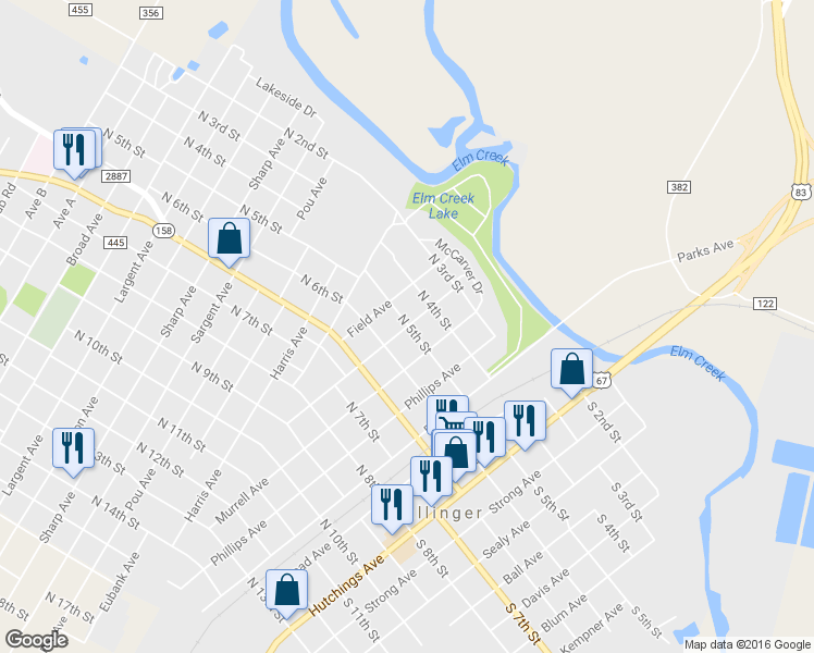 map of restaurants, bars, coffee shops, grocery stores, and more near 501 North 5th Street in Ballinger