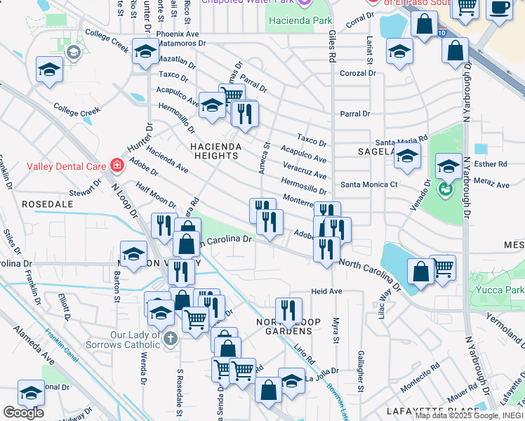 map of restaurants, bars, coffee shops, grocery stores, and more near 616 Ameca Street in El Paso