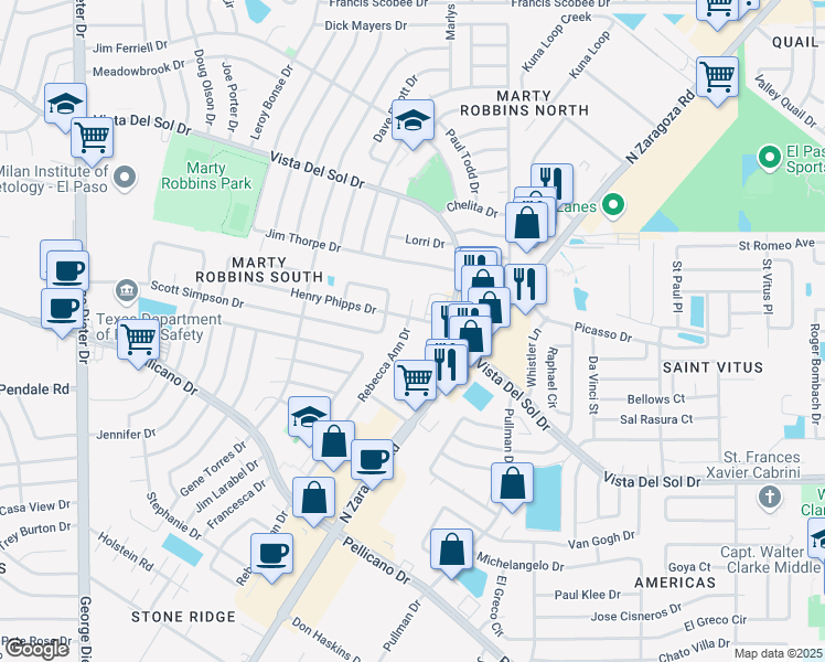 map of restaurants, bars, coffee shops, grocery stores, and more near 1594 Rebecca Ann Drive in El Paso