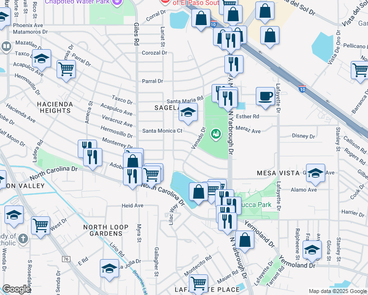 map of restaurants, bars, coffee shops, grocery stores, and more near 7909 Monterrey Drive in El Paso